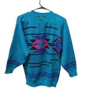 Vintage Objects D'Art Sweater Womens Large Blue Southwest Aztec Knit 80s